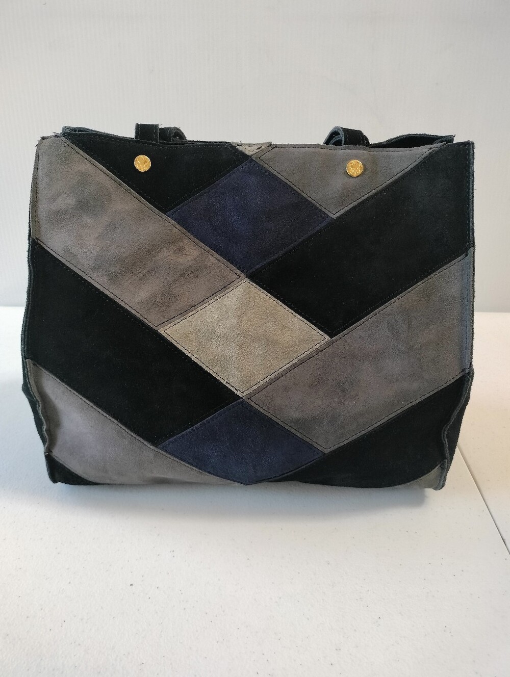 Emma Fox Suede Patchwork Tote Shoulder Bag Black Gray Blue Travel Office